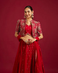 Mohey Women Scarlet Red Buta Patterned Lehenga with Floral Embroidered Blouse