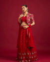 Mohey Women Scarlet Red Buta Patterned Lehenga with Floral Embroidered Blouse