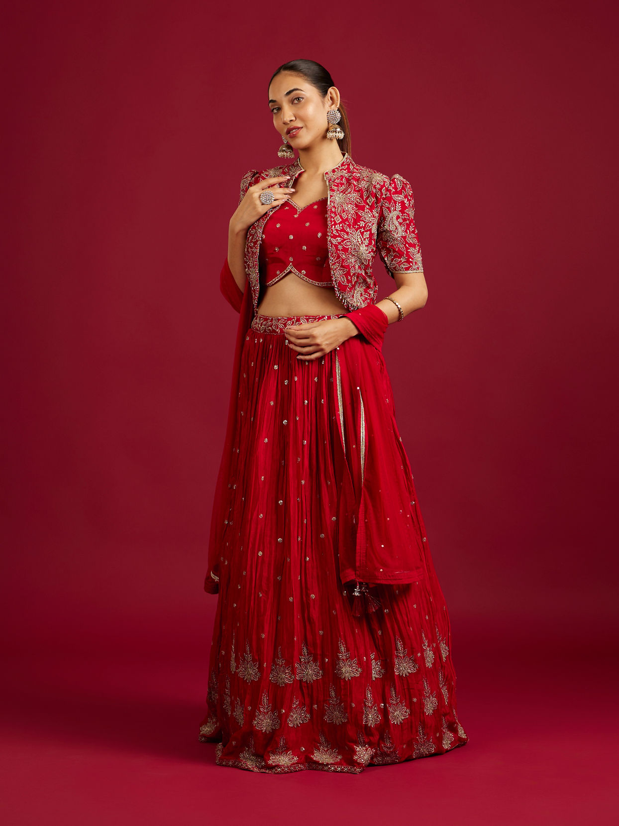 Mohey Women Scarlet Red Buta Patterned Lehenga with Floral Embroidered Blouse