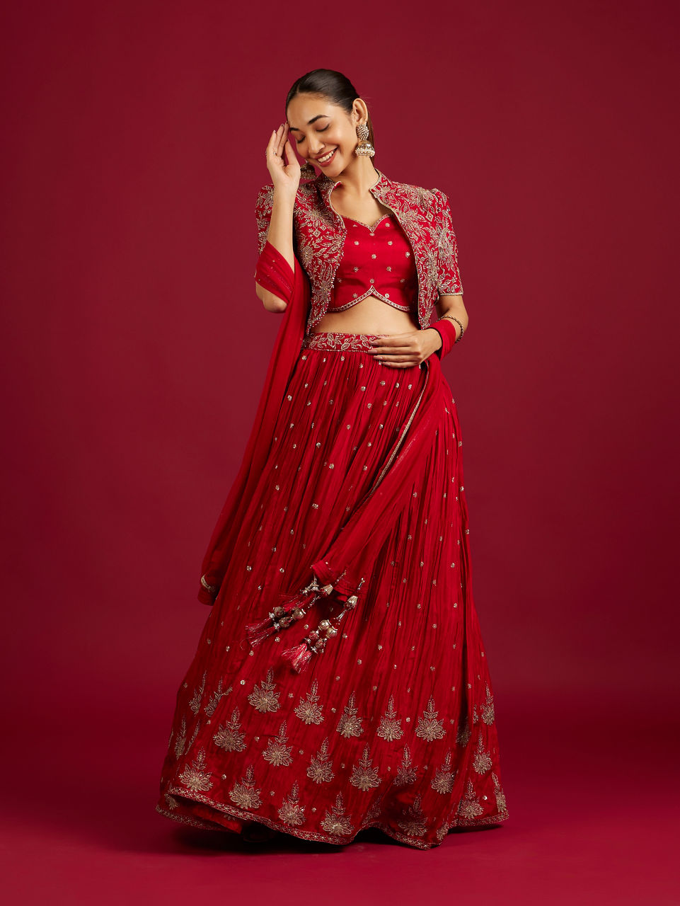 Mohey Women Scarlet Red Buta Patterned Lehenga with Floral Embroidered Blouse