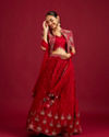 Scarlet Red Buta Patterned Lehenga with Floral Embroidered Blouse