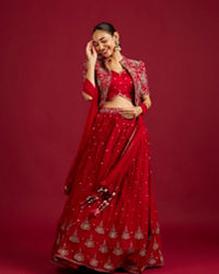 Mohey Women Scarlet Red Buta Patterned Lehenga with Floral Embroidered Blouse