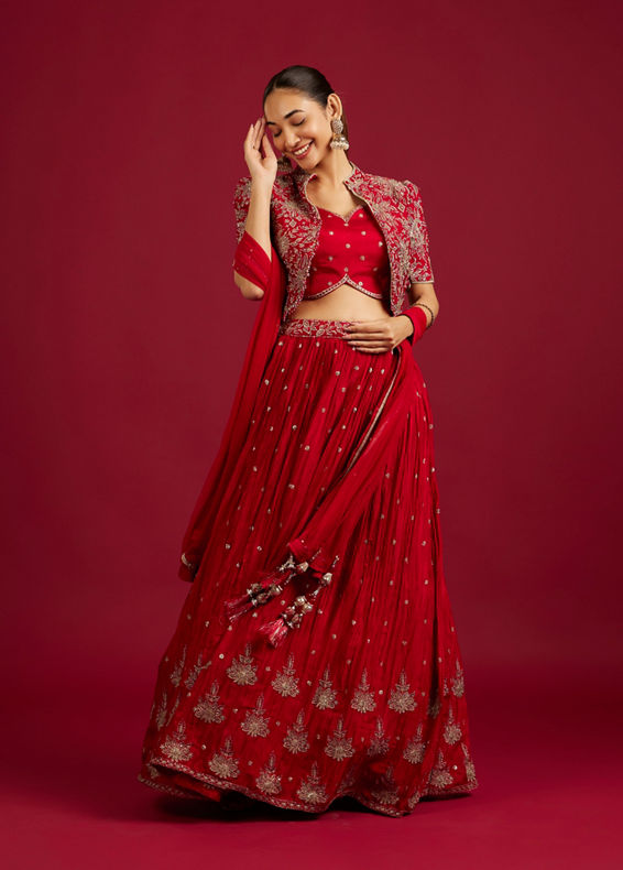 Mohey Women Scarlet Red Buta Patterned Lehenga with Floral Embroidered Blouse