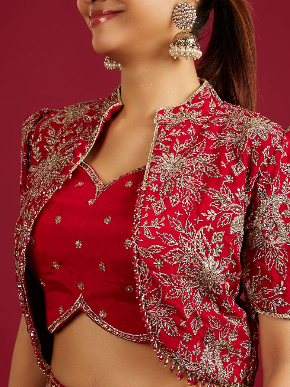 Mohey Women Scarlet Red Buta Patterned Lehenga with Floral Embroidered Blouse