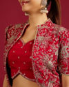 Mohey Women Scarlet Red Buta Patterned Lehenga with Floral Embroidered Blouse