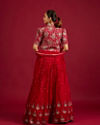 Mohey Women Scarlet Red Buta Patterned Lehenga with Floral Embroidered Blouse