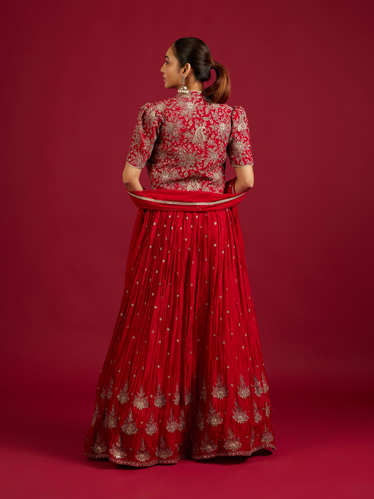 Mohey Women Scarlet Red Buta Patterned Lehenga with Floral Embroidered Blouse