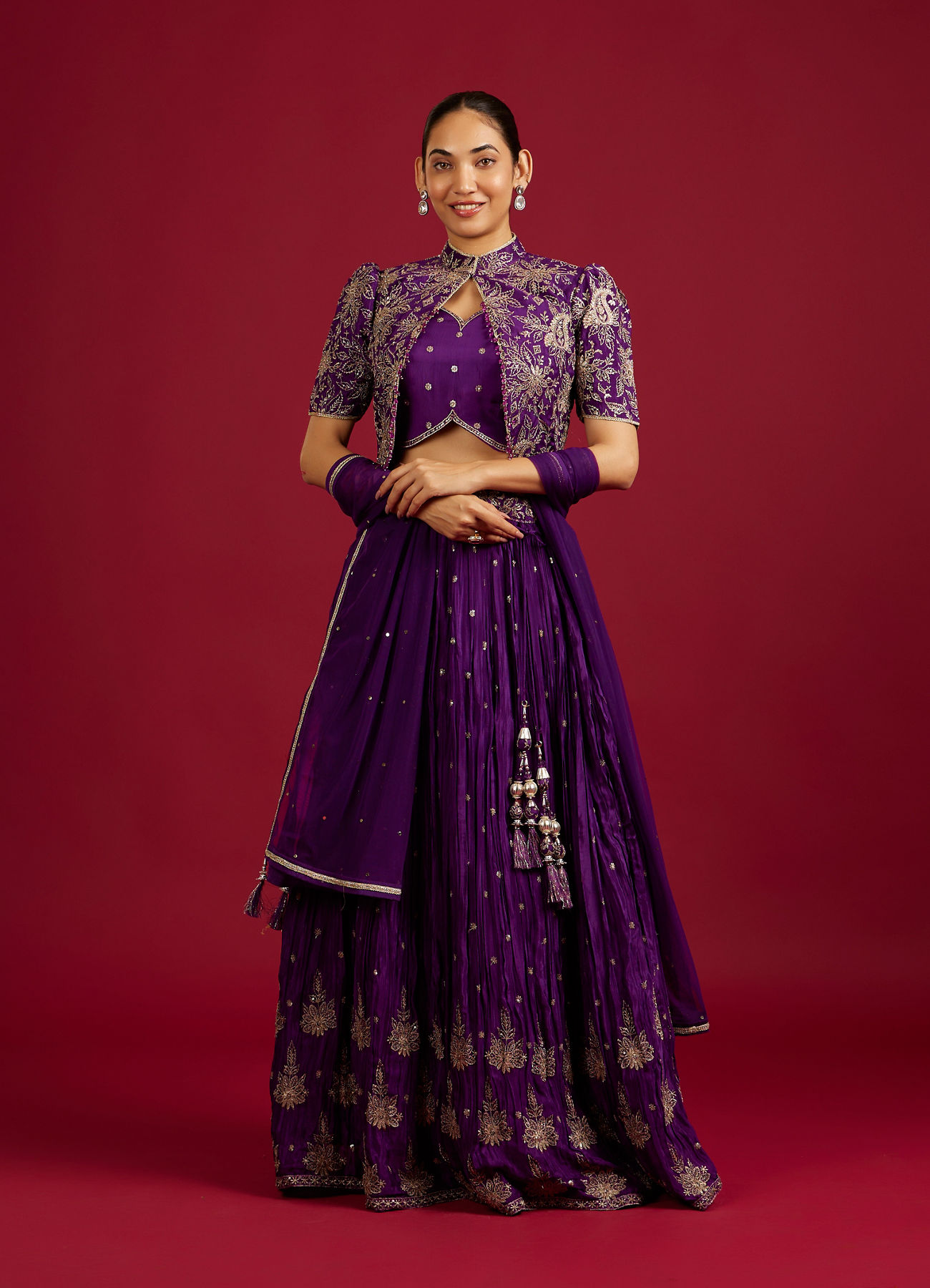 Mohey Women Royal Purple Buta Patterned Lehenga with Floral Embroidered Blouse