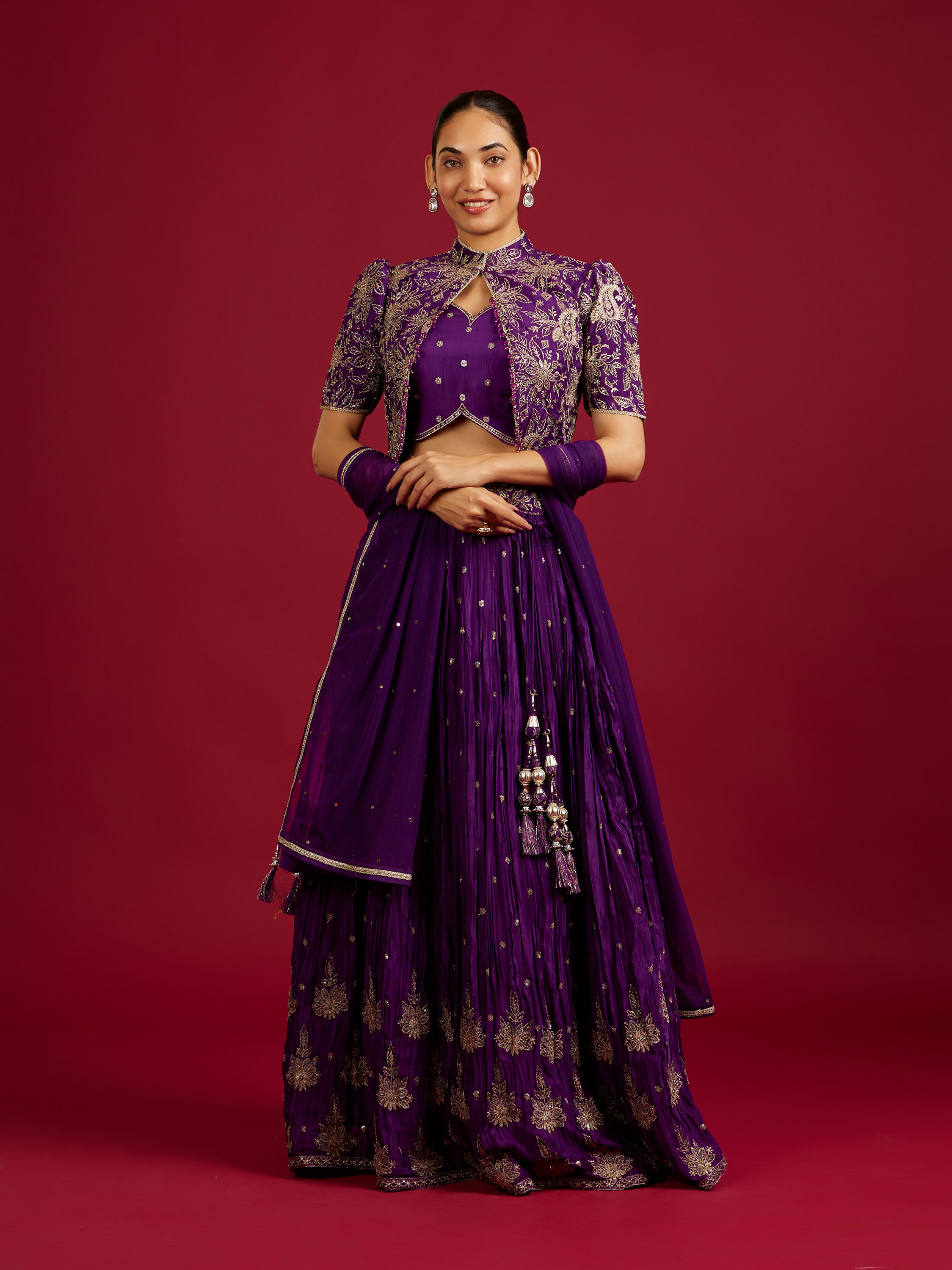 Mohey Women Royal Purple Buta Patterned Lehenga with Floral Embroidered Blouse