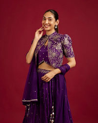 Mohey Women Royal Purple Buta Patterned Lehenga with Floral Embroidered Blouse