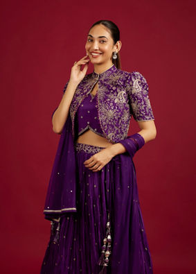 Mohey Women Royal Purple Buta Patterned Lehenga with Floral Embroidered Blouse