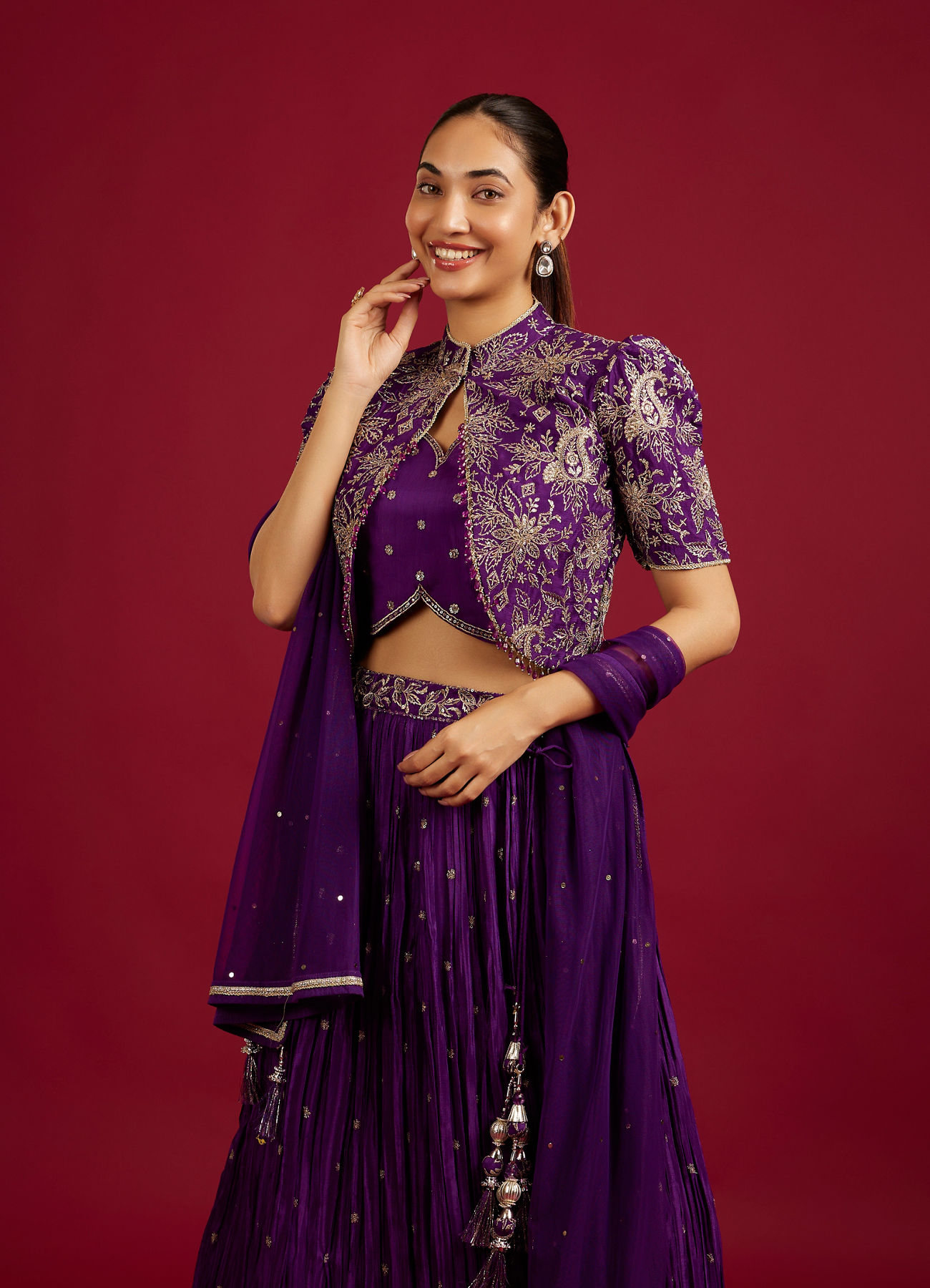 Mohey Women Royal Purple Buta Patterned Lehenga with Floral Embroidered Blouse