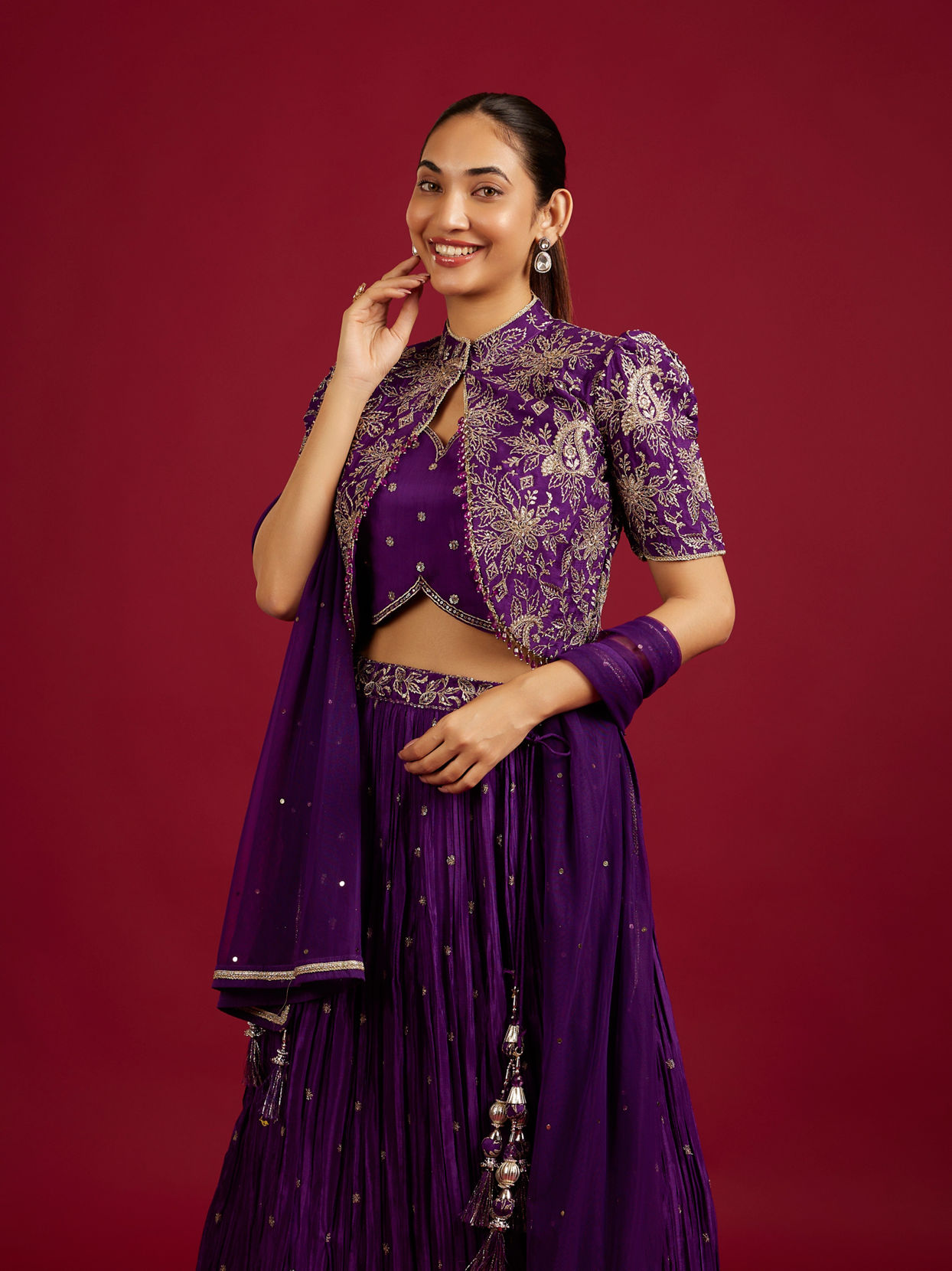 Mohey Women Royal Purple Buta Patterned Lehenga with Floral Embroidered Blouse