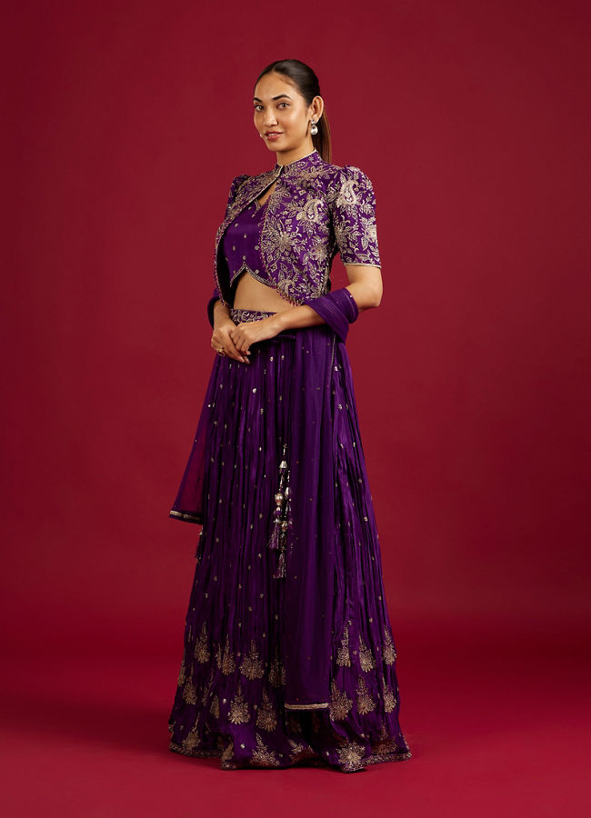 Mohey Women Royal Purple Buta Patterned Lehenga with Floral Embroidered Blouse