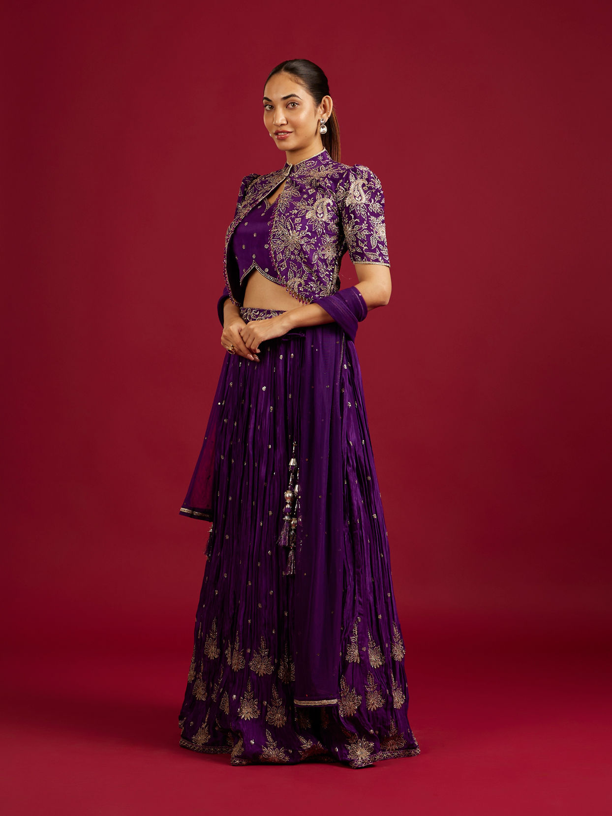 Mohey Women Royal Purple Buta Patterned Lehenga with Floral Embroidered Blouse