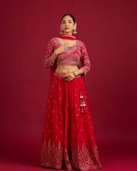 Mohey Women Rani Red Scallop Zari Embroidered Crop Top Lehenga with Sequin Work