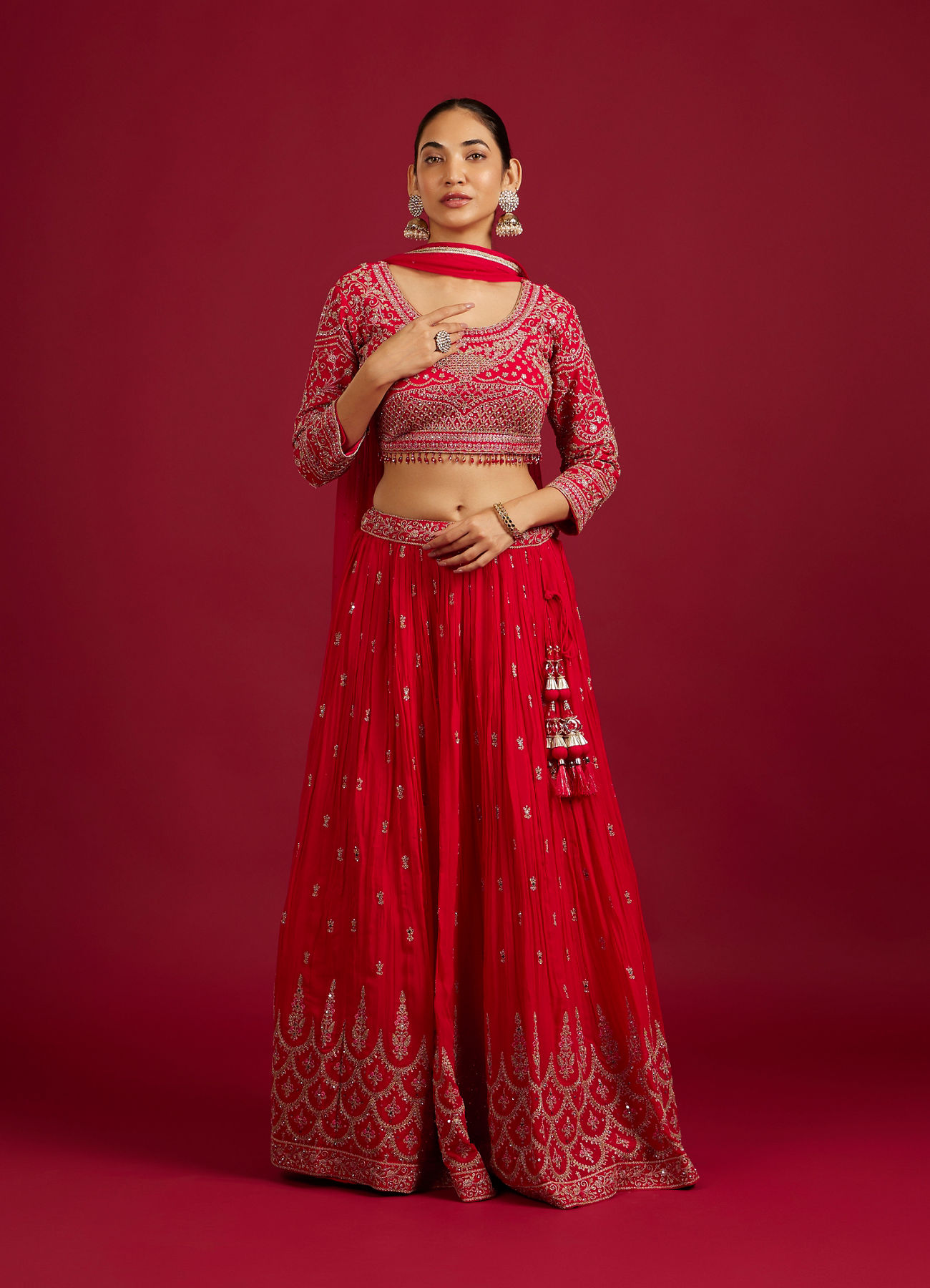 Mohey Women Rani Red Scallop Zari Embroidered Crop Top Lehenga with Sequin Work