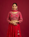 Mohey Women Rani Red Scallop Zari Embroidered Crop Top Lehenga with Sequin Work