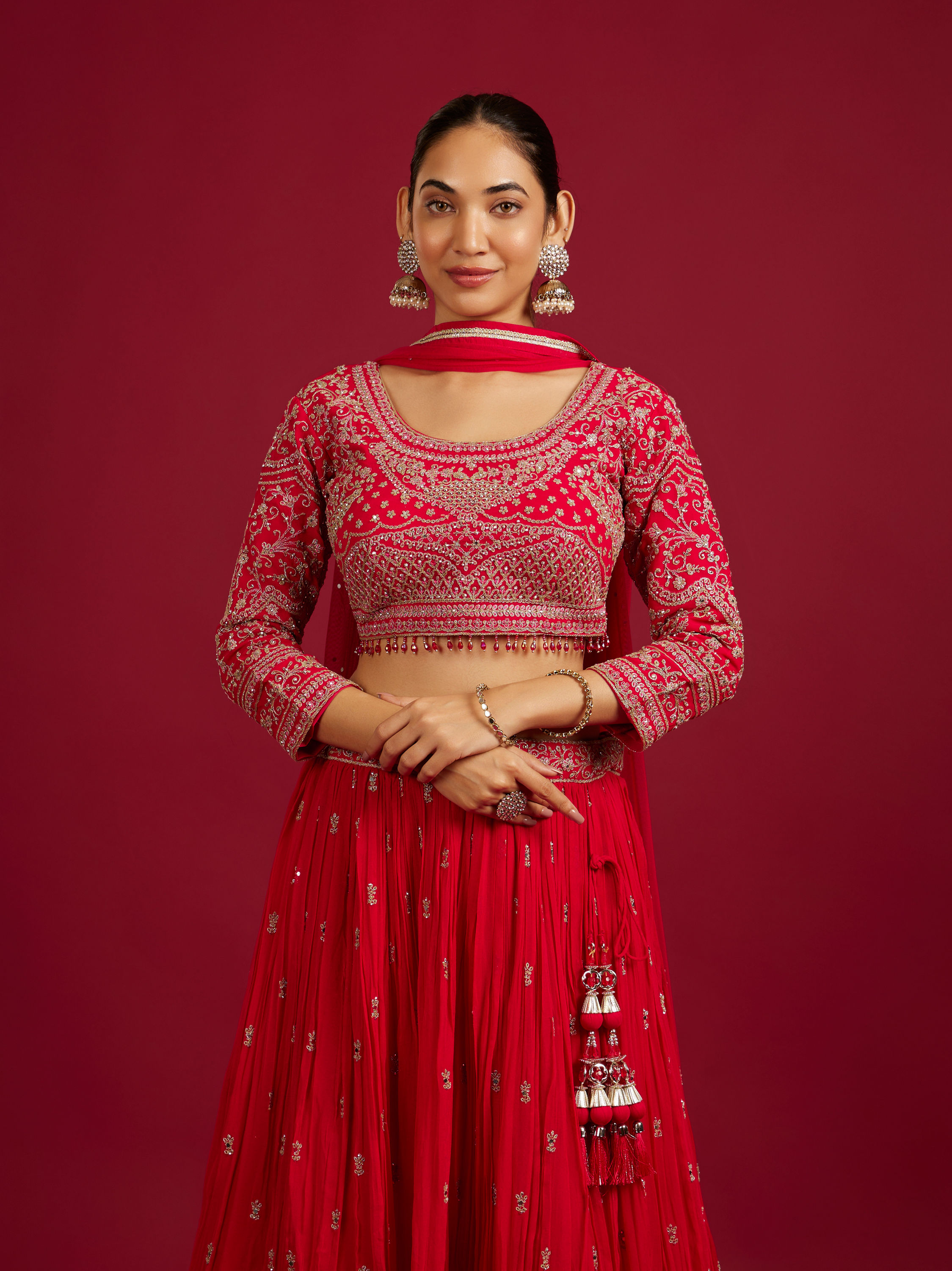 Mohey Women Rani Red Scallop Zari Embroidered Crop Top Lehenga with Sequin Work