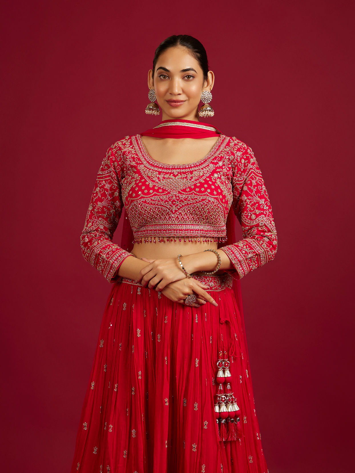 Mohey Women Rani Red Scallop Zari Embroidered Crop Top Lehenga with Sequin Work