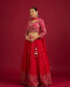 Mohey Women Rani Red Scallop Zari Embroidered Crop Top Lehenga with Sequin Work