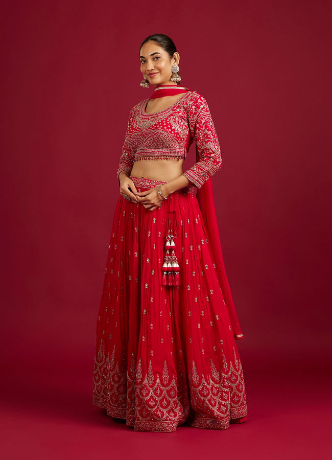 Mohey Women Rani Red Scallop Zari Embroidered Crop Top Lehenga with Sequin Work