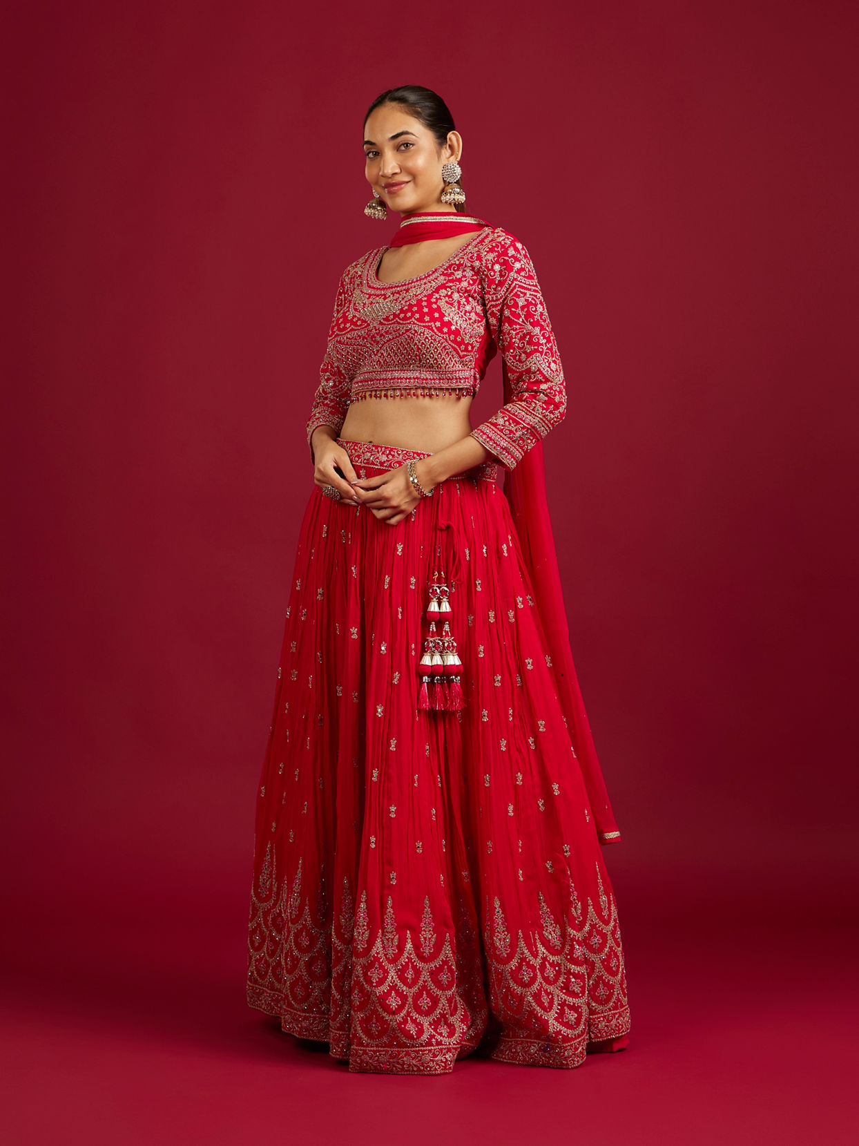 Mohey Women Rani Red Scallop Zari Embroidered Crop Top Lehenga with Sequin Work