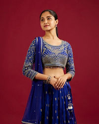 Mohey Women Indigo Blue Scallop Zari Embroidered Crop Top Lehenga with Sequin Work