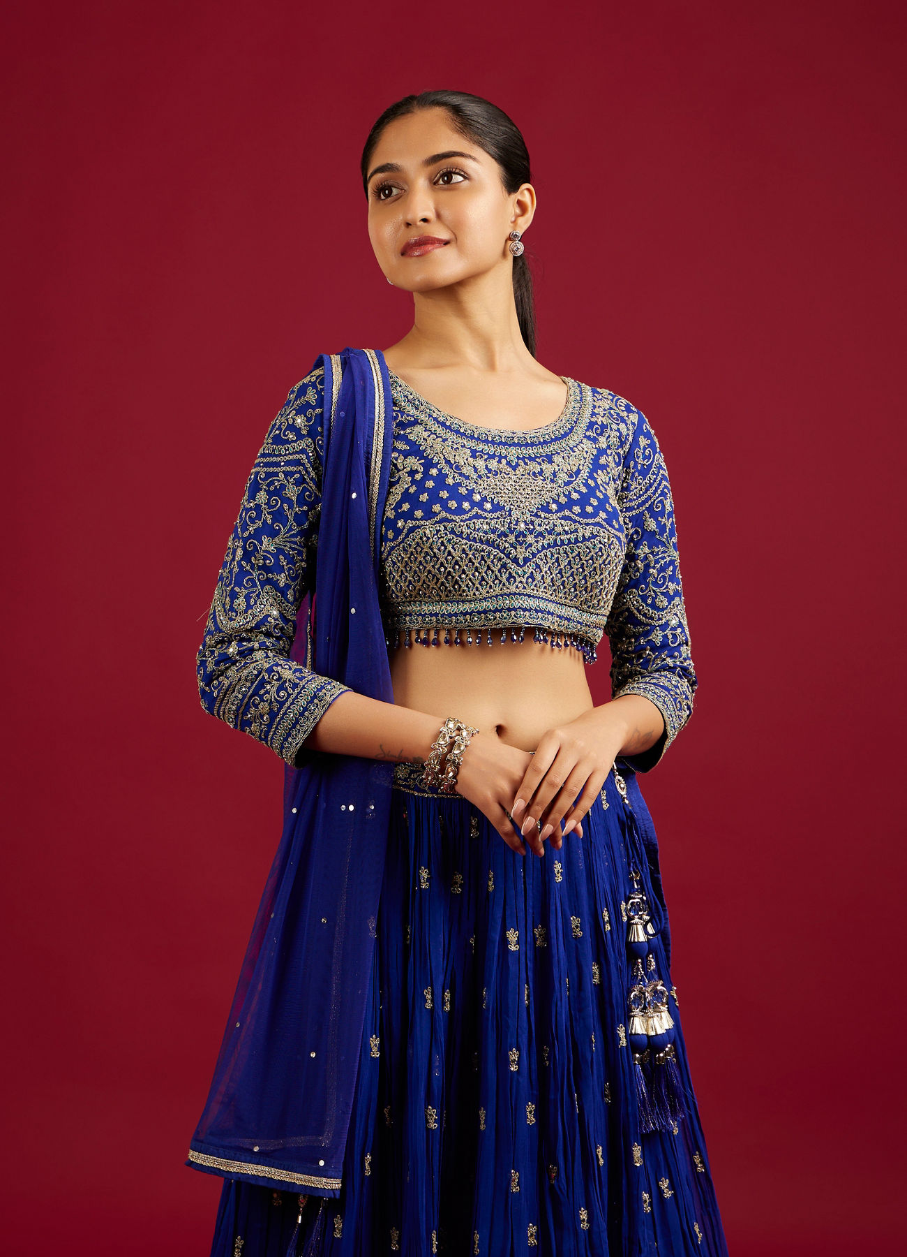 Mohey Women Indigo Blue Scallop Zari Embroidered Crop Top Lehenga with Sequin Work