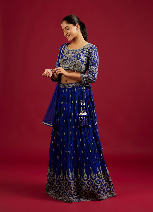 Mohey Women Indigo Blue Scallop Zari Embroidered Crop Top Lehenga with Sequin Work