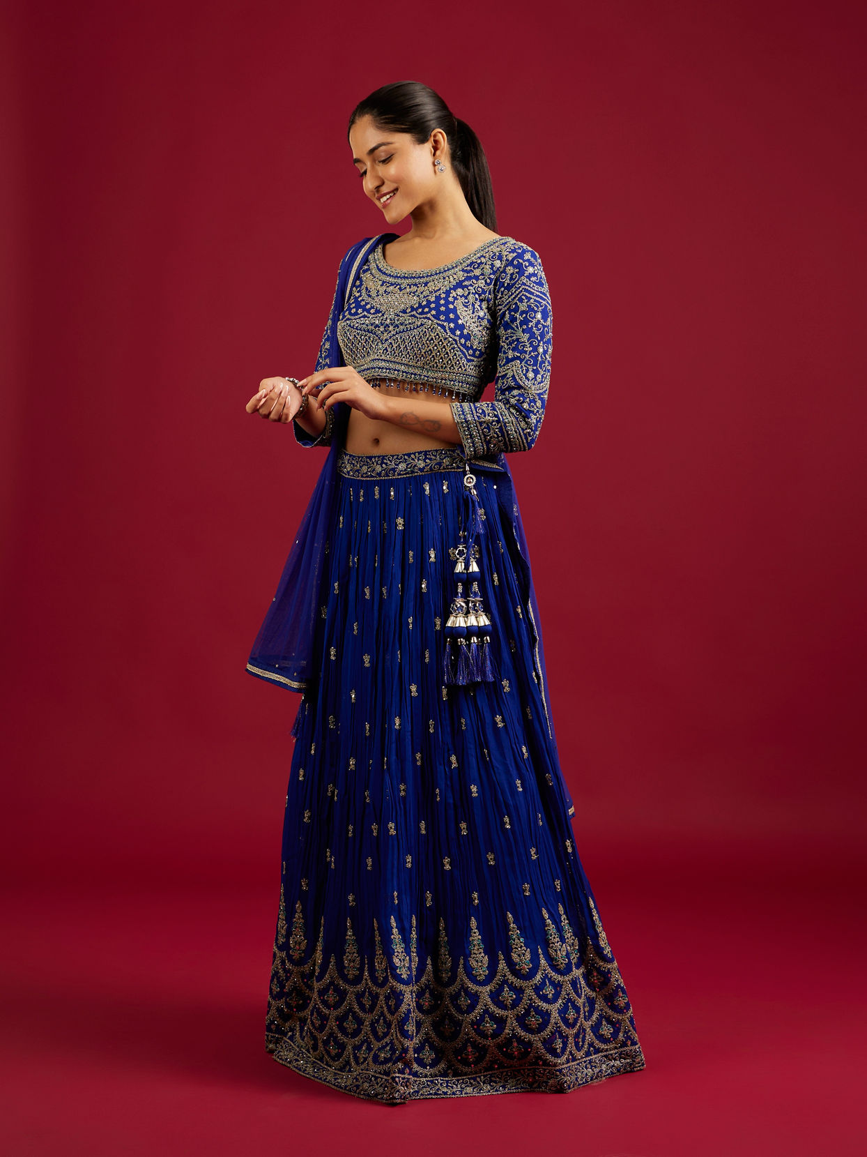 Mohey Women Indigo Blue Scallop Zari Embroidered Crop Top Lehenga with Sequin Work