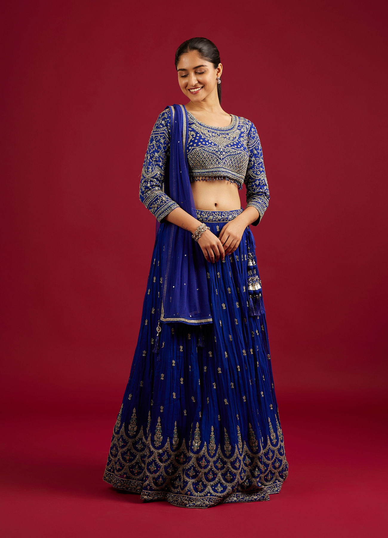 Mohey Women Indigo Blue Scallop Zari Embroidered Crop Top Lehenga with Sequin Work