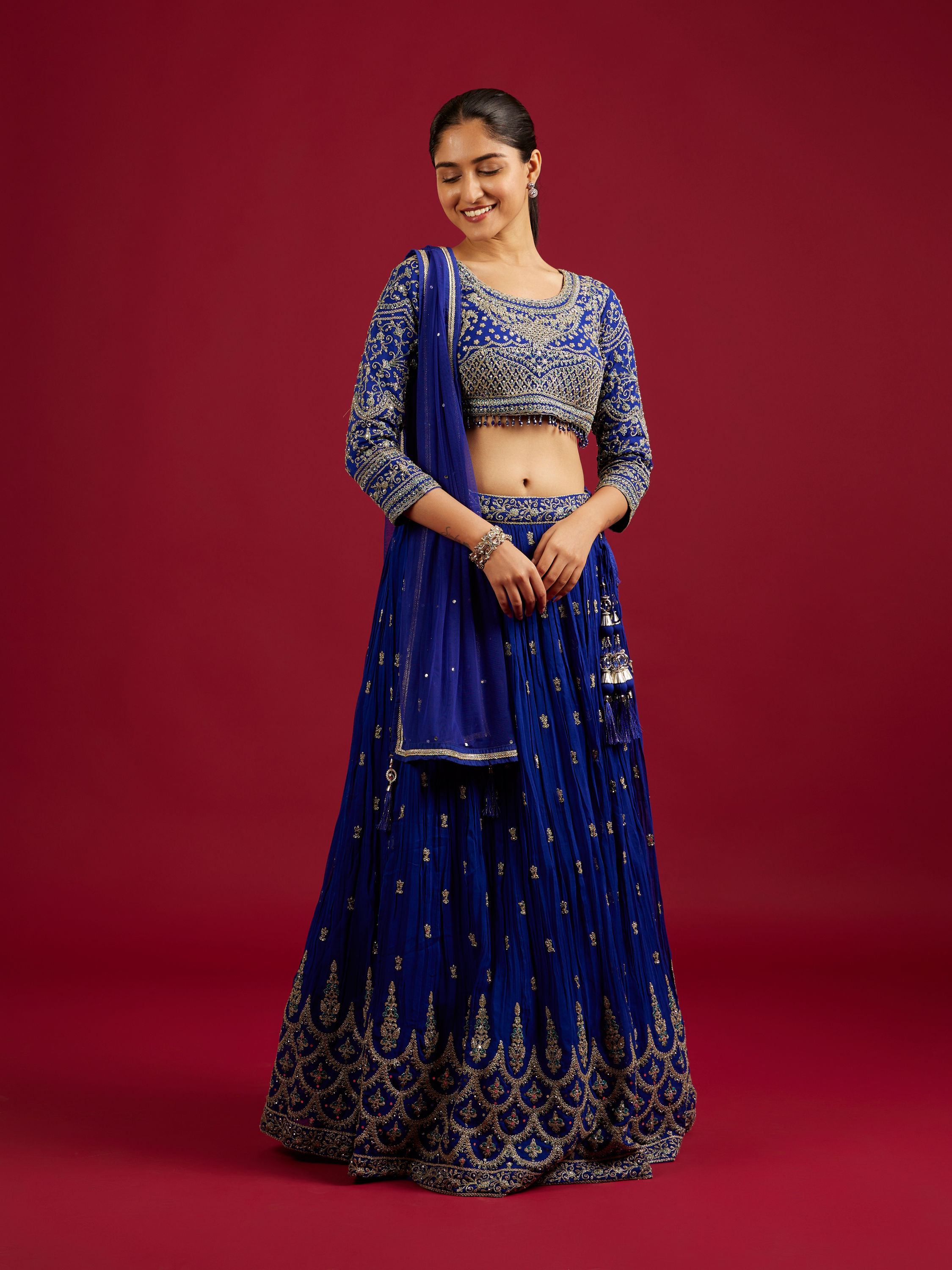 Mohey Women Indigo Blue Scallop Zari Embroidered Crop Top Lehenga with Sequin Work