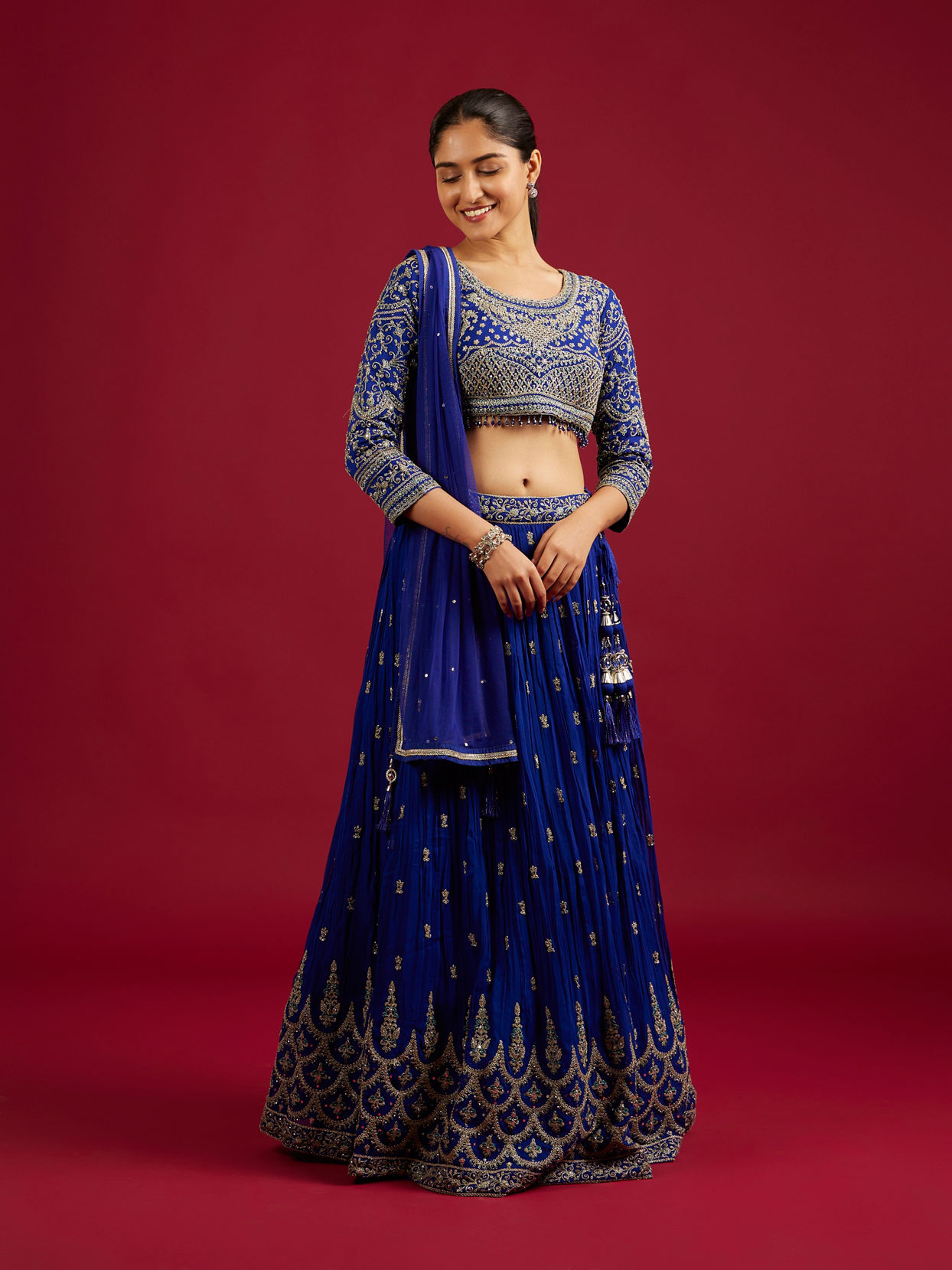 Mohey Women Indigo Blue Scallop Zari Embroidered Crop Top Lehenga with Sequin Work