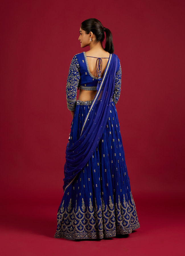 Mohey Women Indigo Blue Scallop Zari Embroidered Crop Top Lehenga with Sequin Work