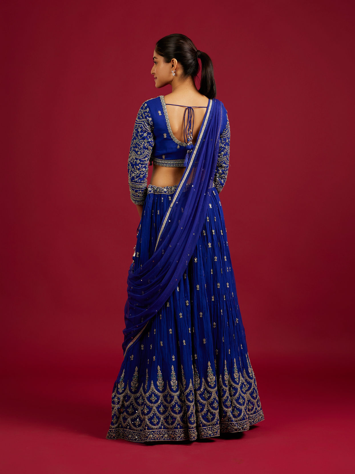 Mohey Women Indigo Blue Scallop Zari Embroidered Crop Top Lehenga with Sequin Work