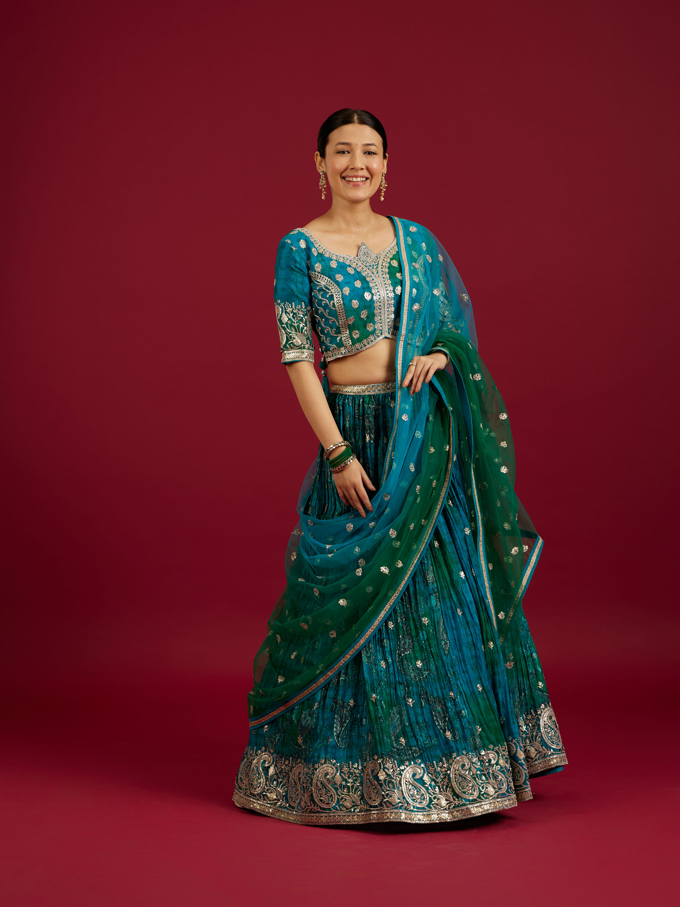 Mohey Women Rama Green Buta Patterned Crop Top Lehenga with Paisley Borders