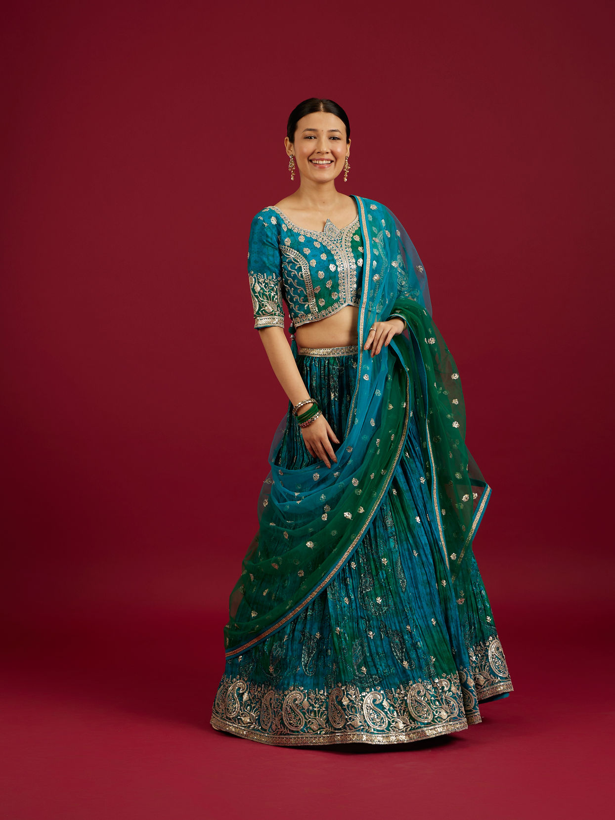 Mohey Women Rama Green Buta Patterned Crop Top Lehenga with Paisley Borders