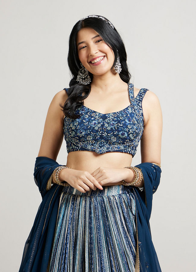 alt message - Mohey Women Radiant Indigo Blue Lehenga image number 1