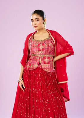 Mohey Women Regal Red Lehenga Ensemble