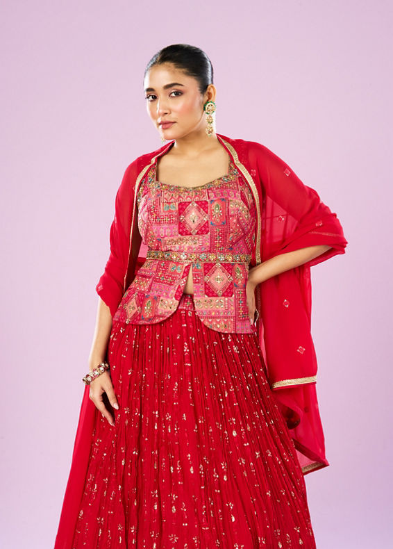 Mohey Women Regal Red Lehenga Ensemble