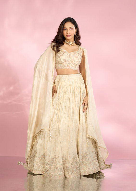 Mohey Women Cream Tissue Elegance Lehenga