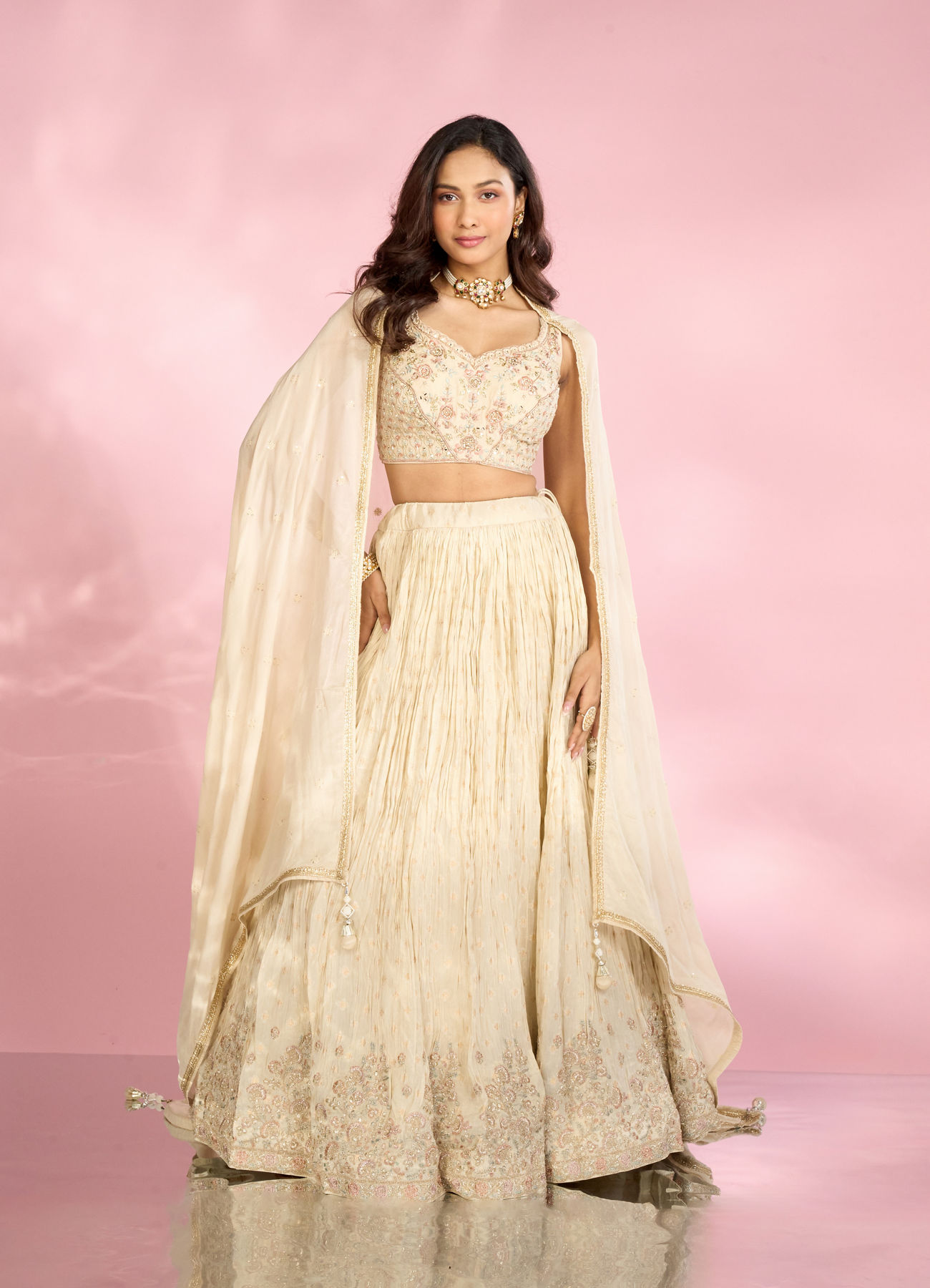 Mohey Women Cream Tissue Elegance Lehenga