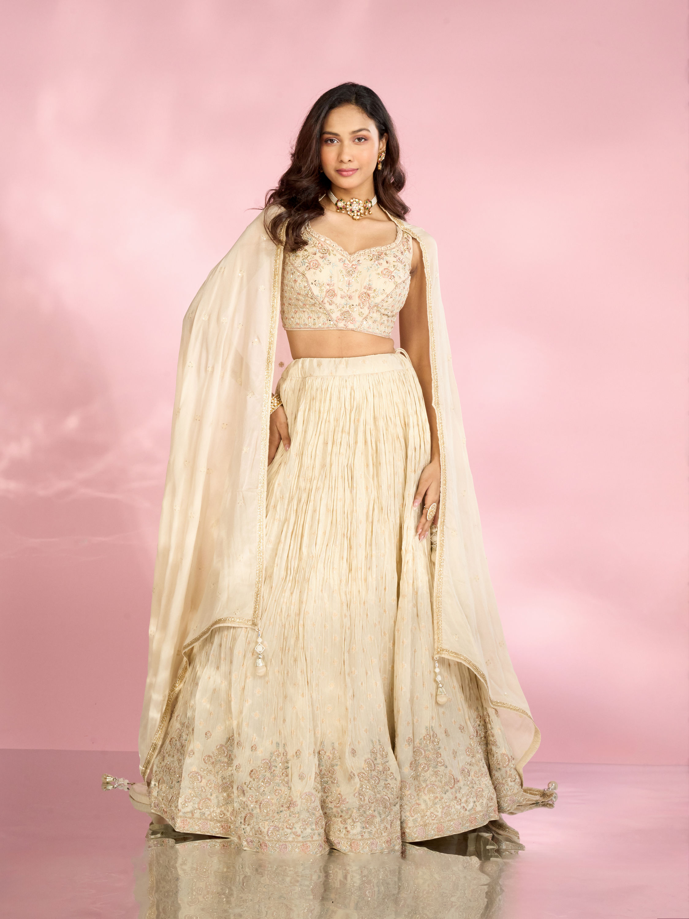 Mohey Women Cream Tissue Elegance Lehenga