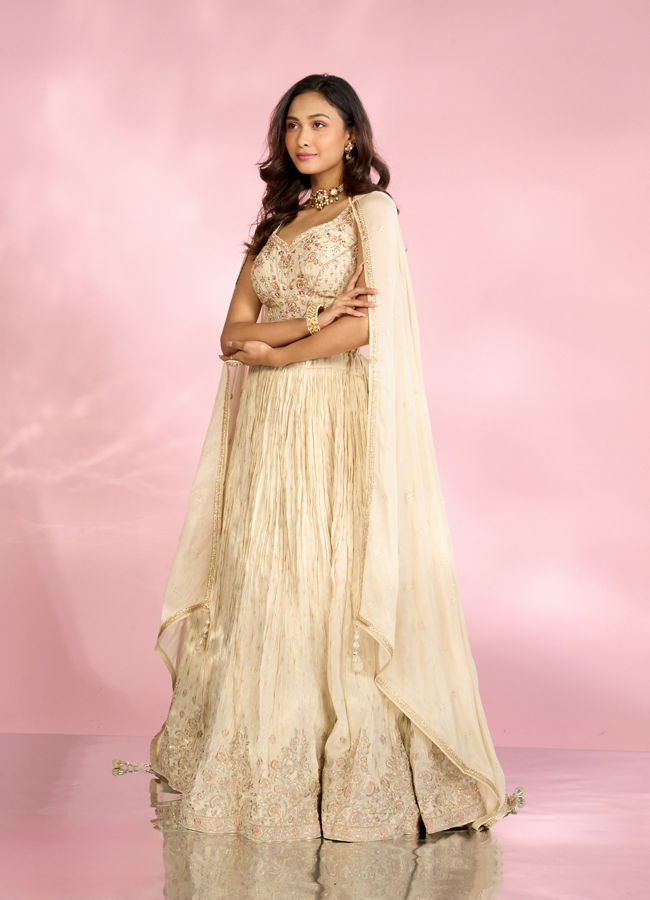 Mohey Women Cream Tissue Elegance Lehenga
