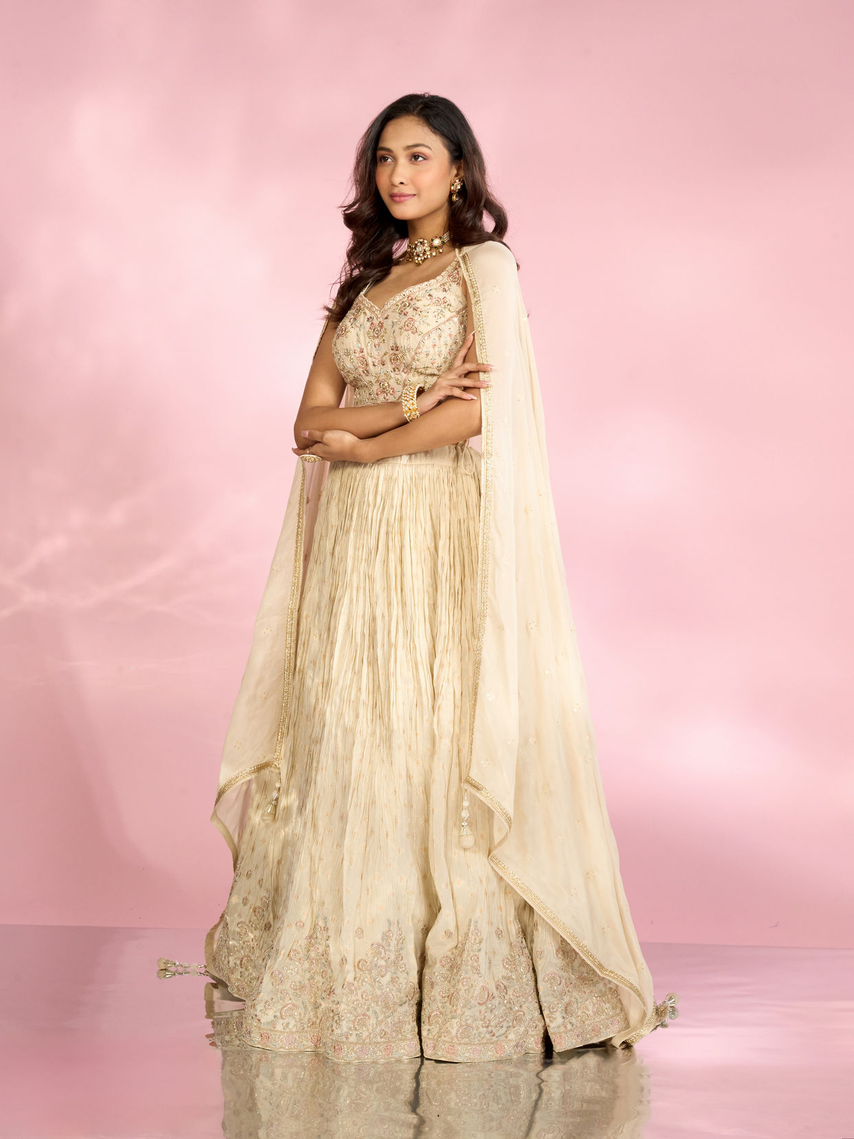 Mohey Women Cream Tissue Elegance Lehenga