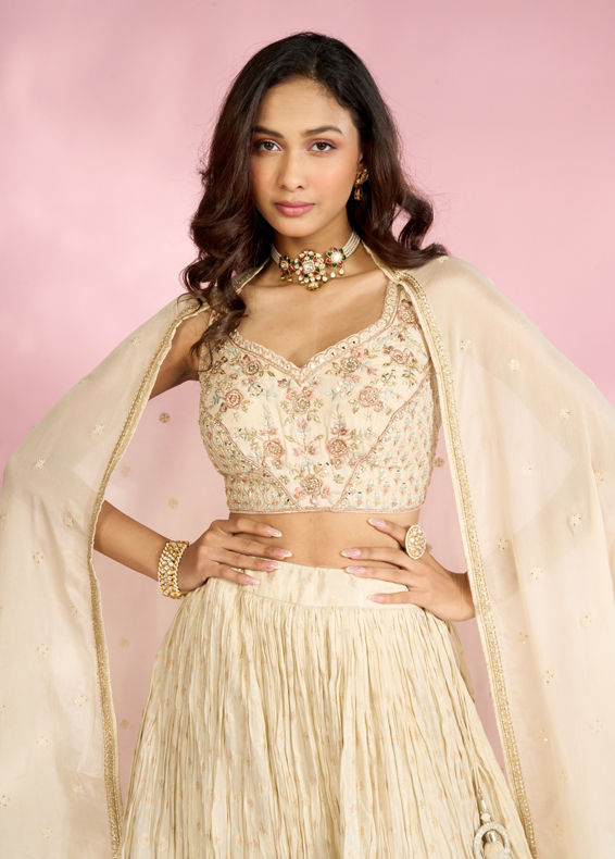 Mohey Women Cream Tissue Elegance Lehenga