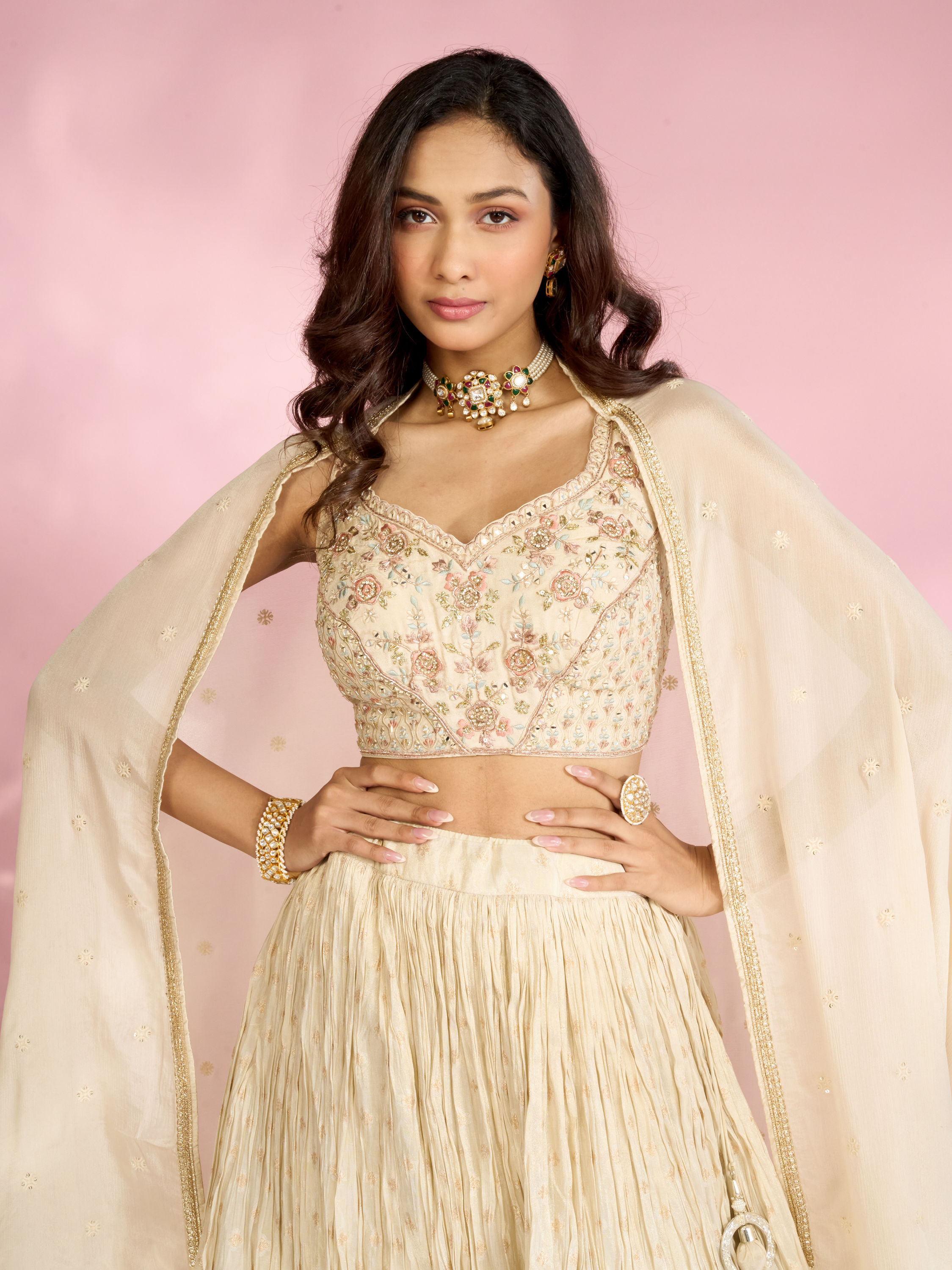 Mohey Women Cream Tissue Elegance Lehenga