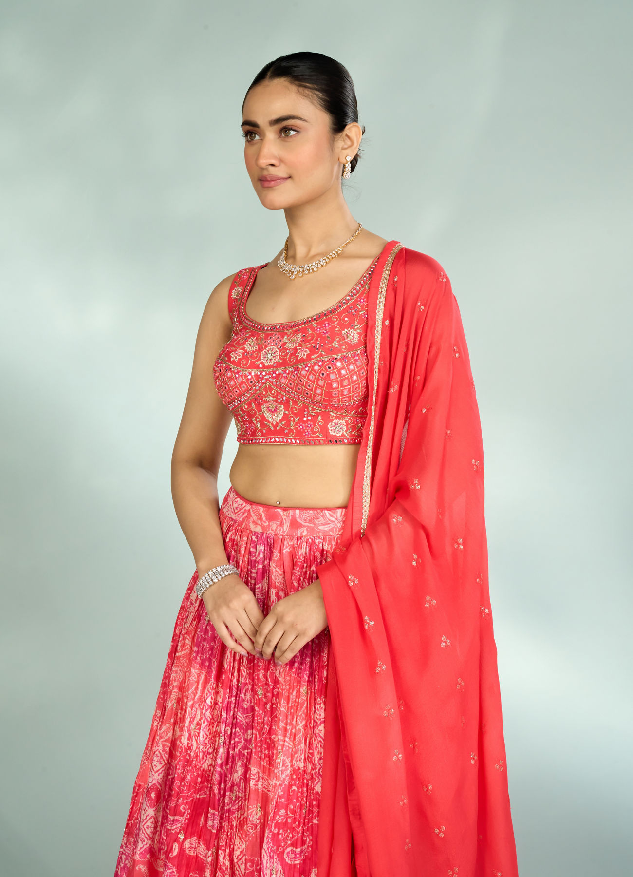Mohey Women Graceful Gajree Pink Chiffon Lehenga