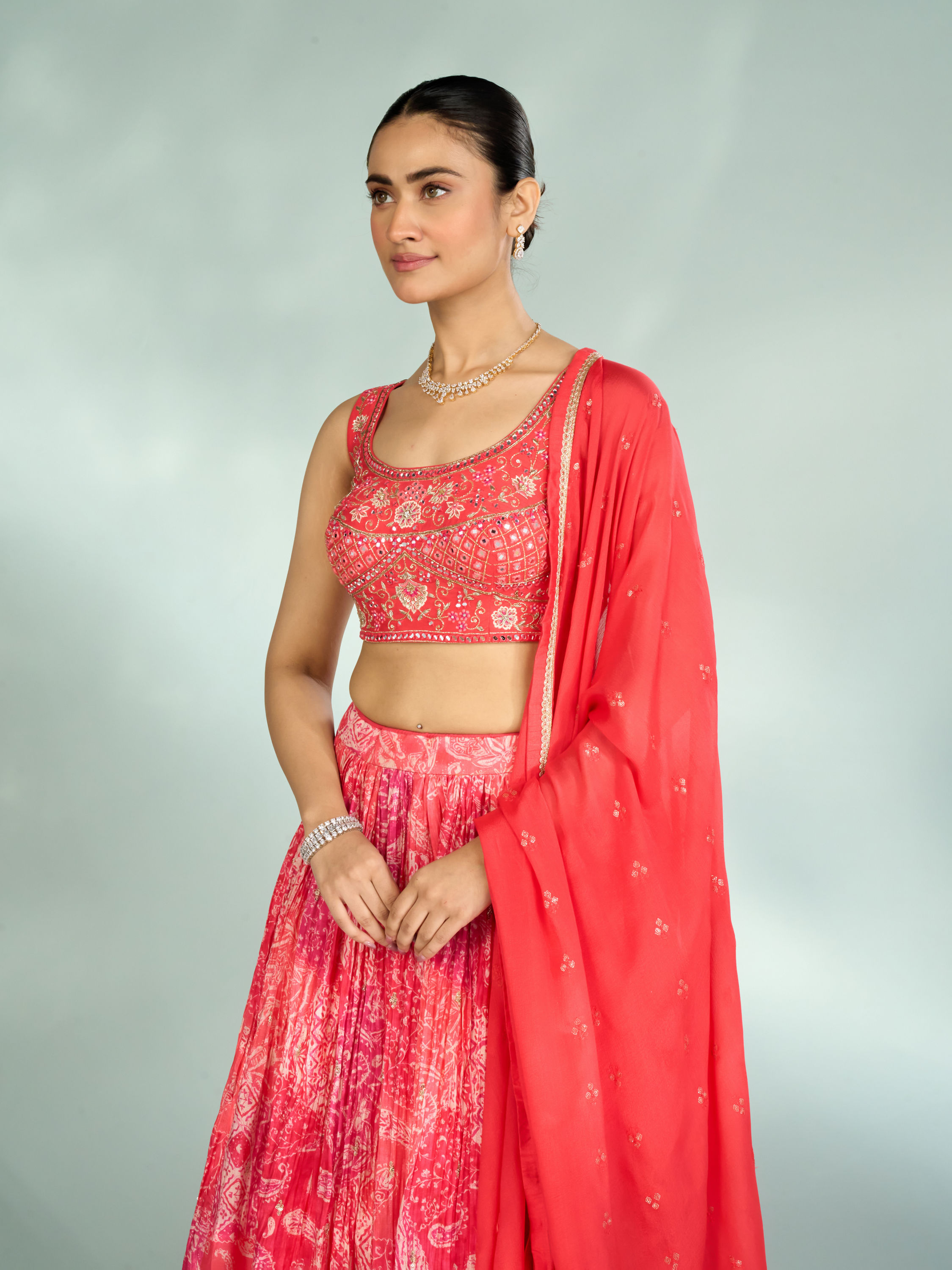 Mohey Women Graceful Gajree Pink Chiffon Lehenga